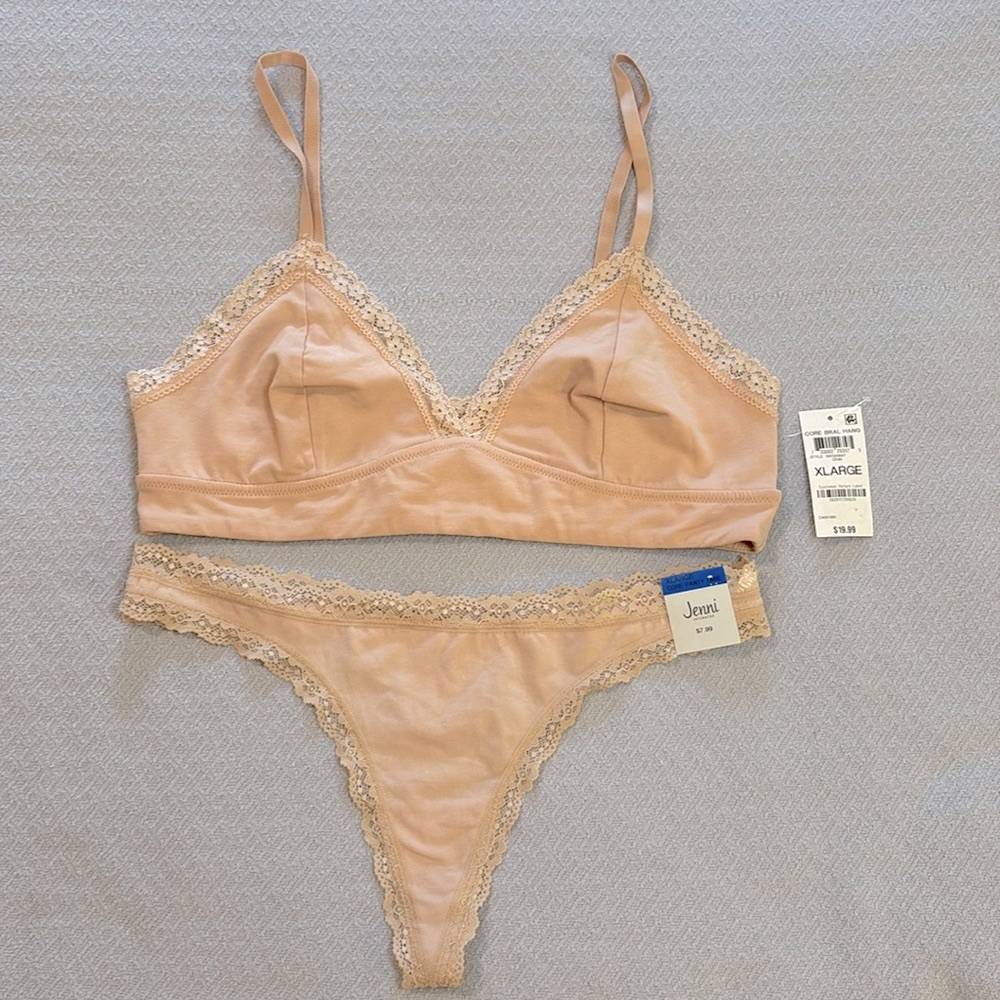Set of Jenni On Repeat Wide Lace Bralette and Thong Panties